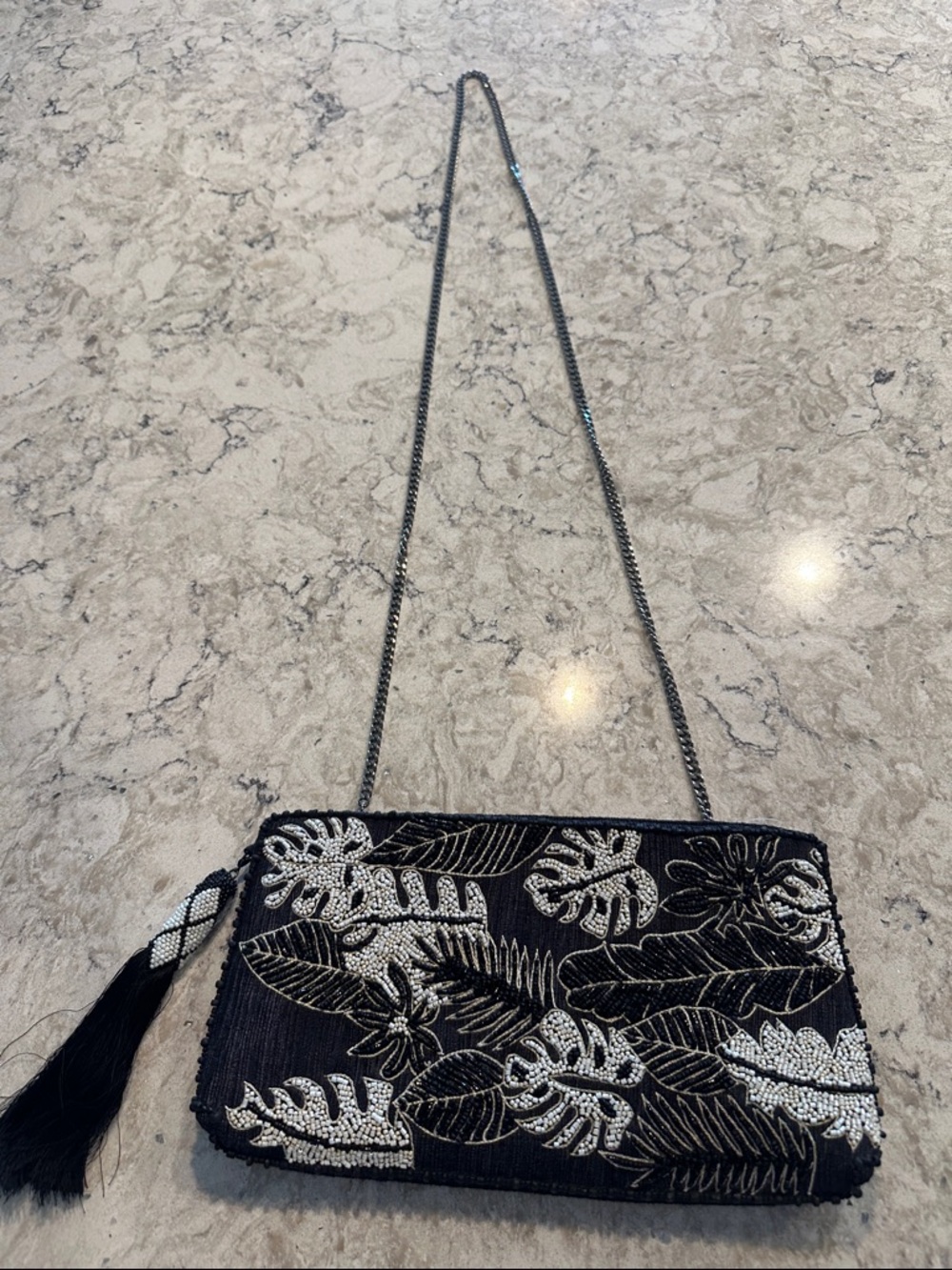 NWOT Mary Frances Retired Black Beaded Monstera Leaf Crossbody Clutch